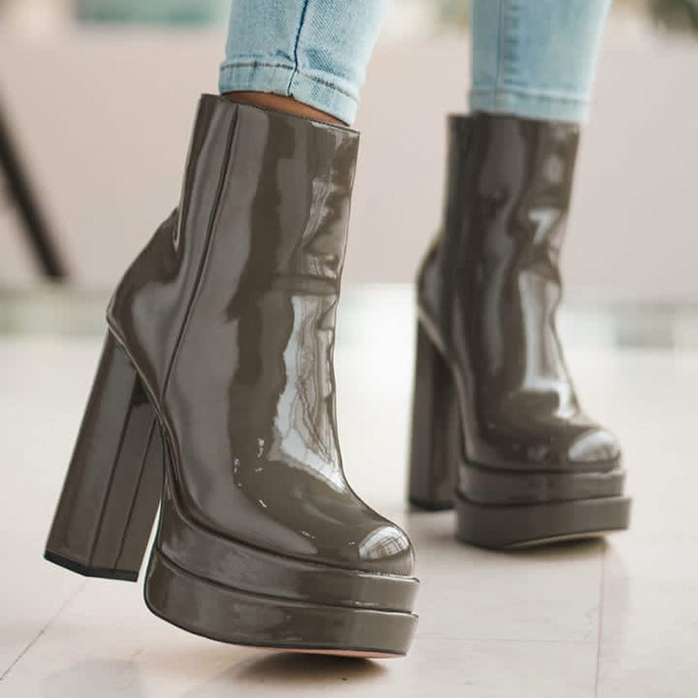 SHEIN Glossy Platform Block Heel Ankle Boots in Dark Taupe